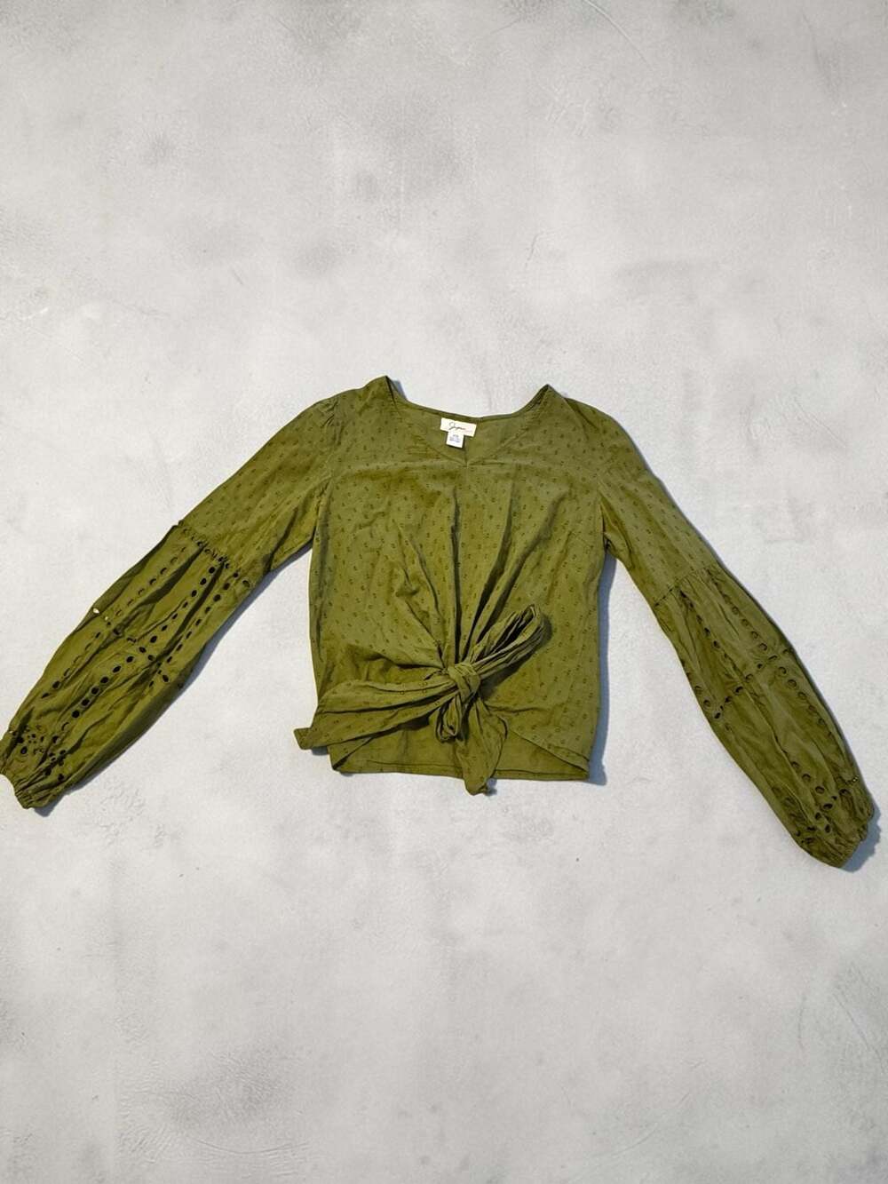 Jopna Olive Green Swiss Dot Tie-Front Long Sleeve Blouse Size XS